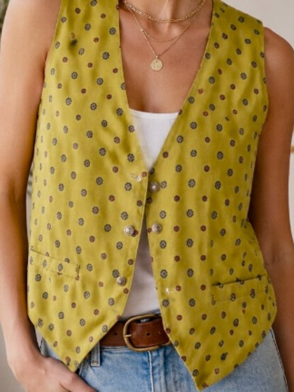 Eber San Fransico women's vintage vest knit olive/chartreuse Size L boho grunge